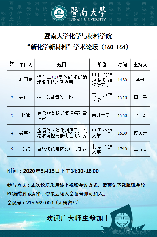 “新化学新材料”学术论坛（160-164）— 郭国聪、朱广山、赵斌、吴宇恩、陈骏